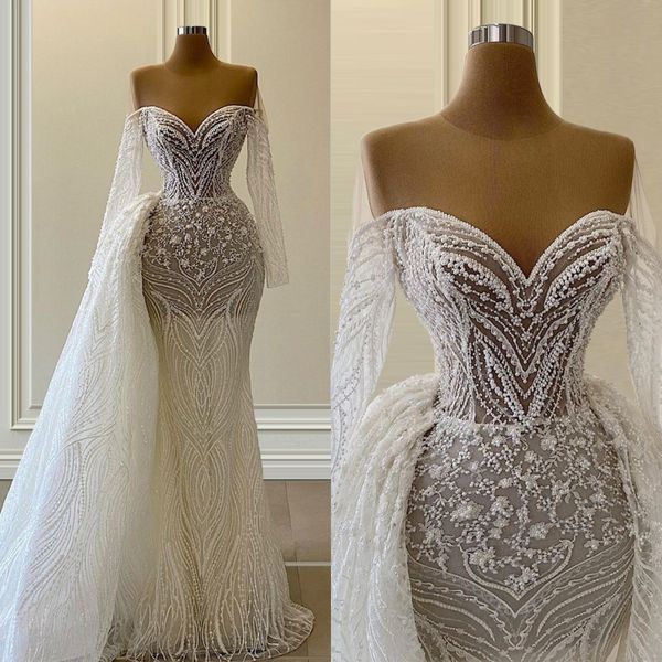 Eleganti abiti da sposa a sirena in pizzo con strascico staccabile Abiti da sposa Sheer manica lunga Appliqued Country Vestidos De Novia