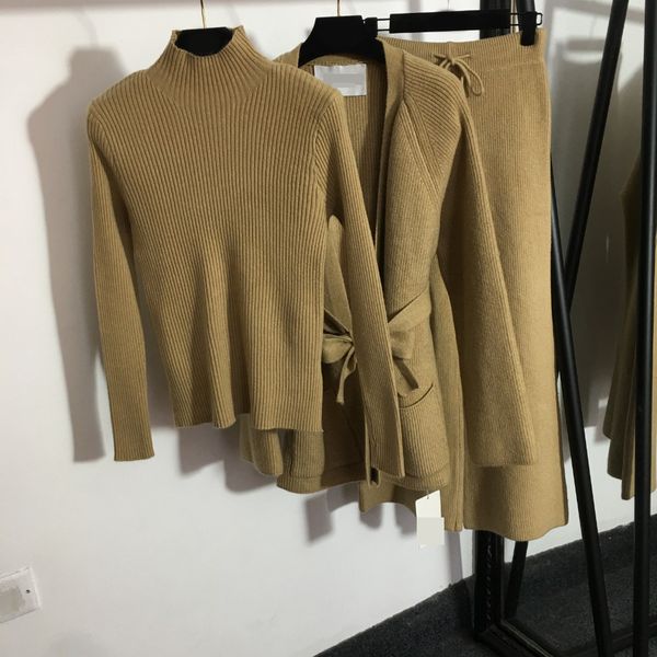 

women's knitted suit new long-sleeved knit sweater + lace-up waist cardigan + high-waist casual wide-leg pants # three-piece suit, White