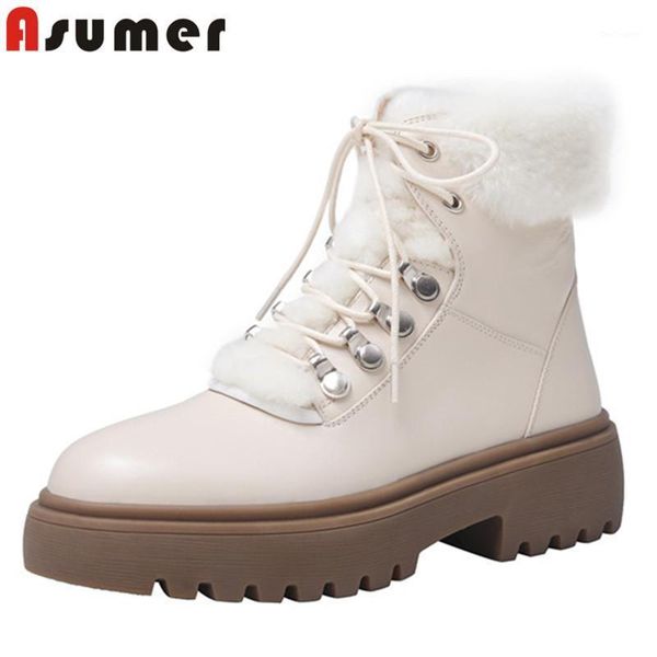 

boots asumer 2021 arrive ankle women comfortable square heel platform shoes genuine leather warm snow woman black1, Black