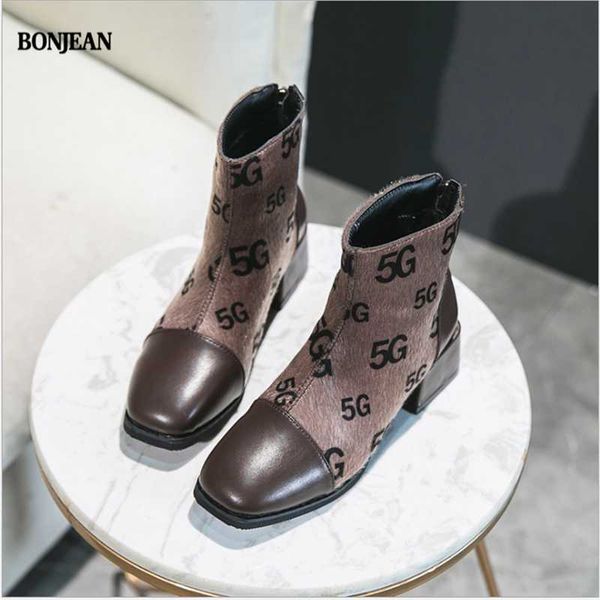 

boots bonjean style of fw2021 spring/winter zipper ankle with european and american square toe, middle heel back, Black