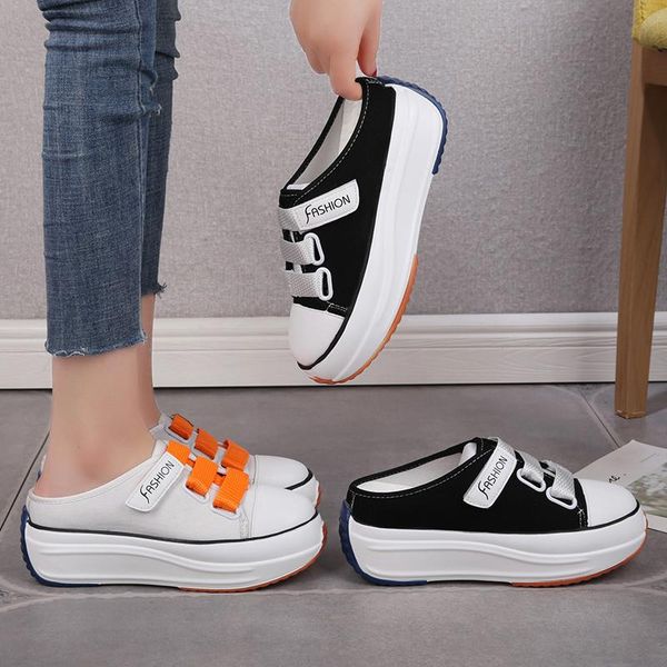 

elegant black white canvas platform wedge slippers women mules shoes leisure stealth increase woman closed toe sandals