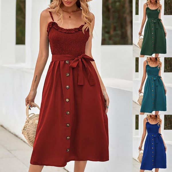 

casual dresses summer sleeveless slip dress women strapless bow button loose bandage pleated polka dot sundress backless vestidos, Black;gray