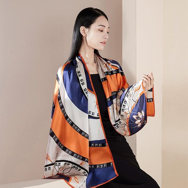 

scarves 170x53cm natural silk long scarf women print neckscarf luxury wraps satin shawls casual echarpe femme real head, Blue;gray