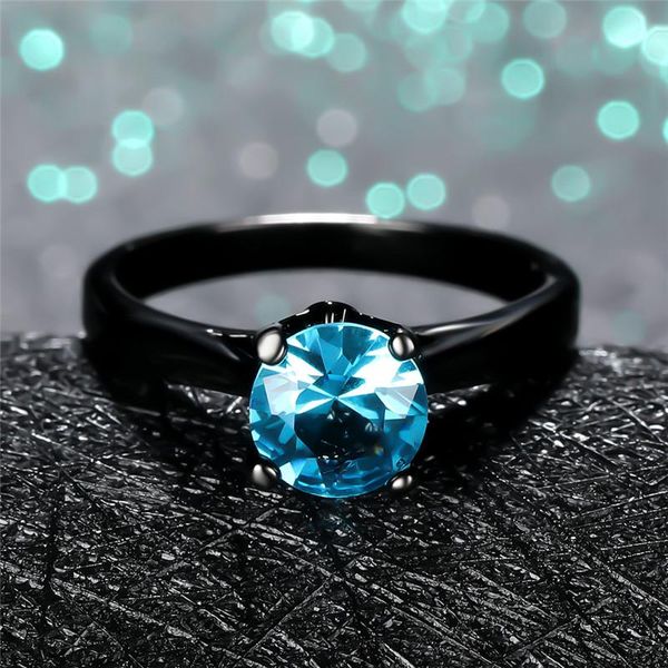 

wedding rings 7mm round aqua blue zircon for women jewelry vintage fashion black gold cz stone engagement ring minimalist gifts, Slivery;golden