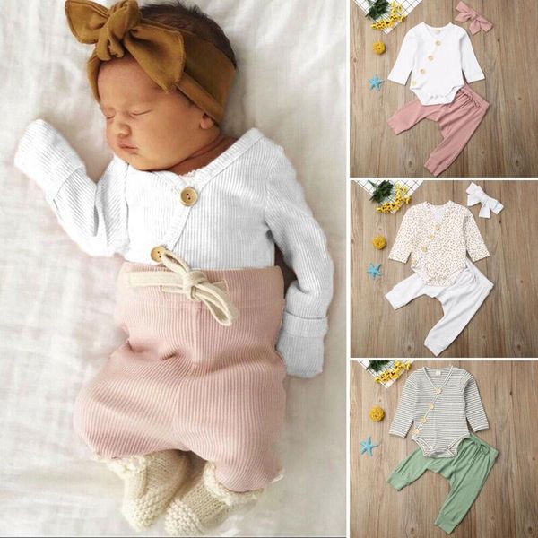 

baby spring autumn clothing toddler girls boys flower ribbed bodysuit pants 3pcs sets solid outfits clothes 0-18m, White