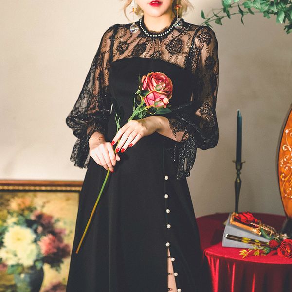 

dresses black vintage women lace evening retro party female long sleeve button gothic one-piece dress korea autumn, Black;gray