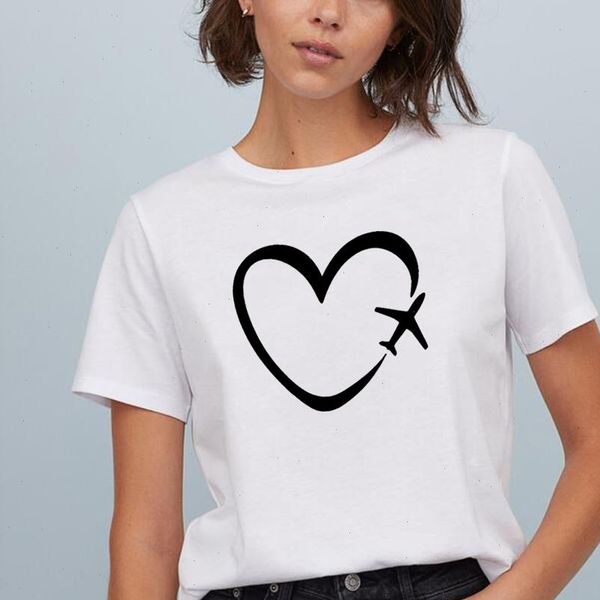 

travel womens t shirts plane heart love summer women shirt cotton short sleeve femme black graphic tees mujer, White