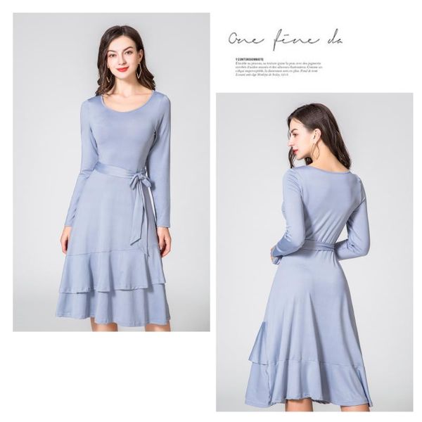 

summer dress women casual elegant long sleeve clothes 5 colors sundress rayon solid full sashes ladies knee-length dresses, Black;gray