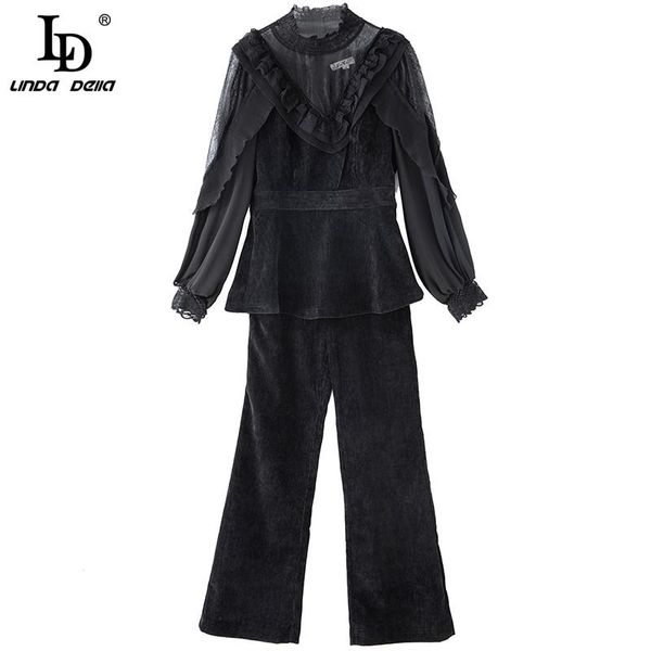 

women's two piece pants ld linda della 2021 fashion designer autumn pant sets lace long sleeve black velvet and suit, White