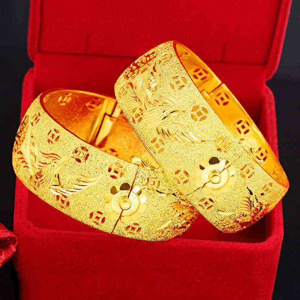 999 placcato oro giallo Dragon Phoenix Double Happiness Bracciale per donna Braccialetti per gioielli da sposa in ottone