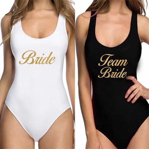 Bademode Frauen Badeanzug Team Braut Glitter Gold Druck Badeanzug Monokini Bodysuit Bachelor Party 210702