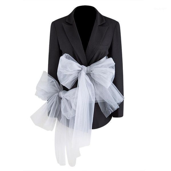 

women's suits & blazers zcsmll 2021 spring fashionable women coat long sleeve turn-down collar split joint bow lace female blaz, White;black