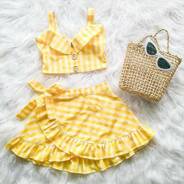 

children baby girls yellow plaid clothes sets shoulderless strap crop ruffles lace up skirt girl outfits 1 5y, White