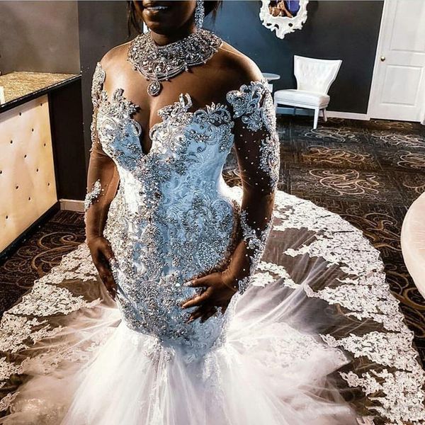 Mode Kundenspezifische transparente Maschenspitze Kleid Meerjungfrau langarm Hochzeitskleid Tüll Applique perlen kristall luxus brautjungfer banquet