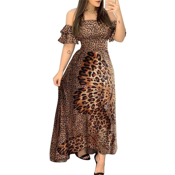 

kayotuas women dress off-the-shoulder party lady ruffle leopard print flare long sundress strappy slash neck streetwear 210522, Black;gray