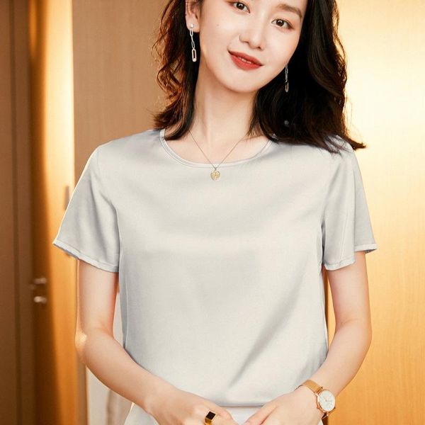 

women's t-shirt 2021 summer women satin silk tees solid color crew neck short sleeve t shirts ol elegant slim casual loose fashion, White
