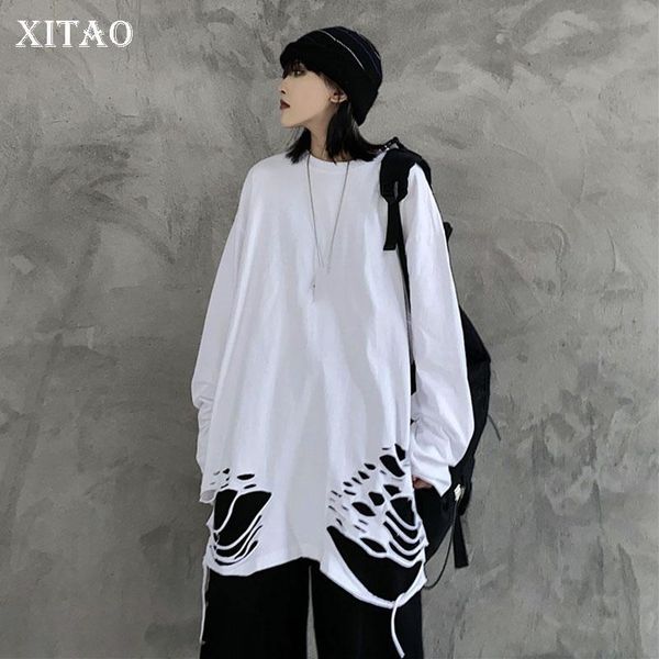 

women's t-shirt xitao fashion hole t shirt women casual personality spring loose pullover solid color trendy all-match zxr1594, White