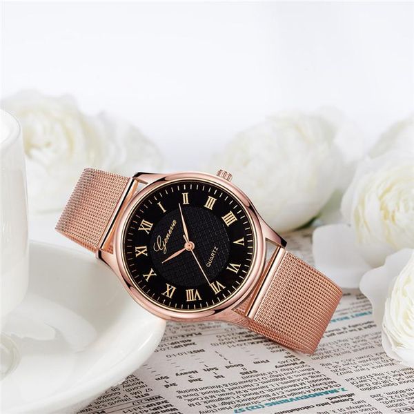 

wristwatches rose gold watches women business casual stainless steel mesh band quartz wrist montre femme relogio feminino, Slivery;brown