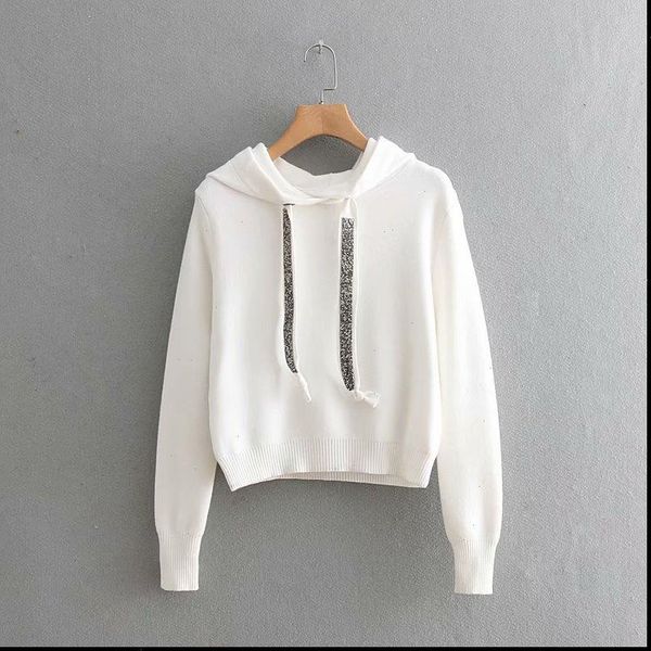 

womens sweaters women faux diamonds beading hooded knitted sweater long sleeve stretchy solid pullovers female casual chic, White;black