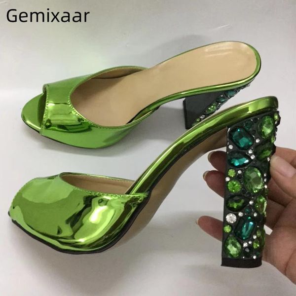 

slippers green rhinestone high heel shoes woman open toe bright genuine leather heels crystal diamond women, Black