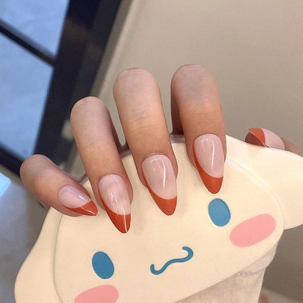 

false nails 24pcs orange red detachable french almond artificial wearable fake full cover press on nail tip manicure decor, Red;gold