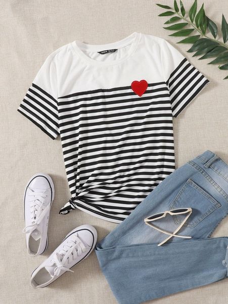 

heart patched striped tee 90mg#, White