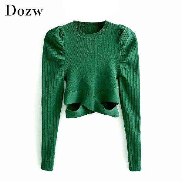 

women patchwork knitted sweater puff long sleeve solid chic o neck hollow out stylish female jumper pullover girls sweaters 210414, White;black