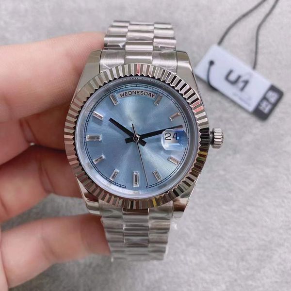 

u1 st9 steel watches 40mm diamond set blue dial bezel ice automatic mechanical movement sapphire glass president stainless mens wristwatches, Slivery;brown
