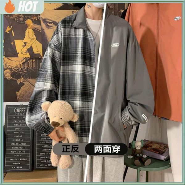 

men's jackets fashion couple plaid casual spring and autumn double-sided jacket plus size korean loose, Black;brown