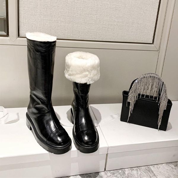 

boots patent leather round toe thick soled mid furry wool warm snow bootie women long plush basic style comfortable casual shoes, Black
