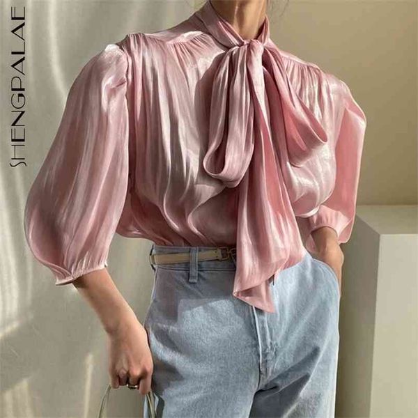 

minimalist neckline tie bow blouse women's spring fold glossy loose half puff sleeve shirt female tide 5c200 210427, White