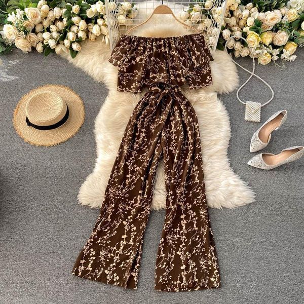 

summer casual floral print women jumpsuit off shoulder ruffles lace up sashes wide leg holidays loose jumpsuits, Black;white
