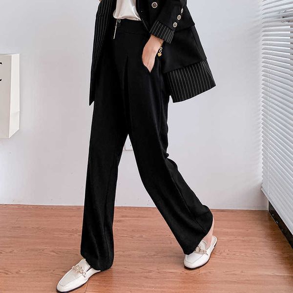 

plus size women's casual loose black trousers autumn and winter female high waist wide leg pants suit 210527, Black;white