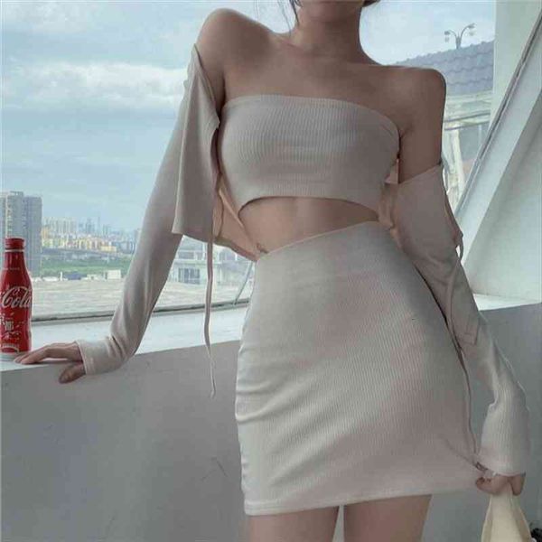 

bag hip skirt jacket strapless bra camisole three-piece female summer style knitting suit, Gray