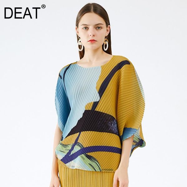 

women's t-shirt deat pleated t shirt woman hit color ink painting batwing sleeve pullover loose casual style 2021 summer fashion tx534, White