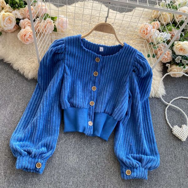 

women's jackets coats ins design bubble sleeve sweater corduroy short waist cardigan jl6f, Black;brown