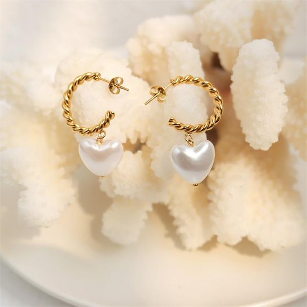 

stud twist heart shape baroque pearl earring for woman fashion stainless steel 18k gold plated accessory never fade, Golden;silver