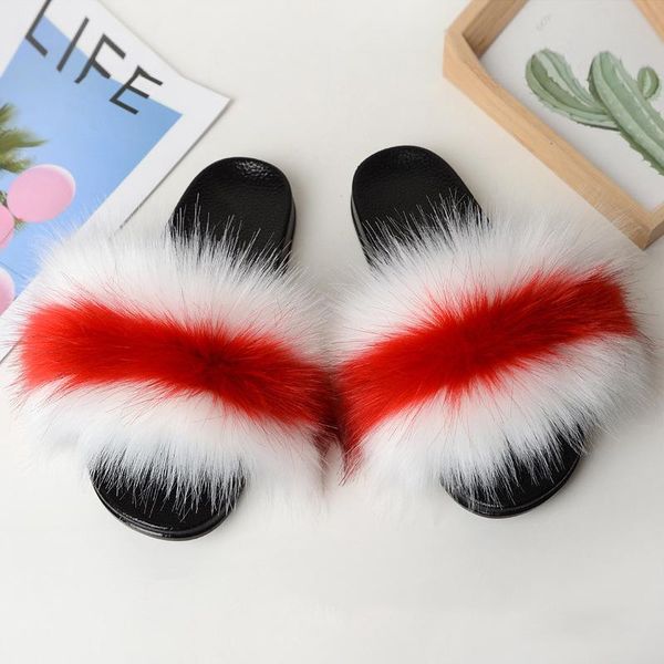 

women mixed color faux fur slides slippers fashion girls cute colorful sandals fake flip flops home, Black