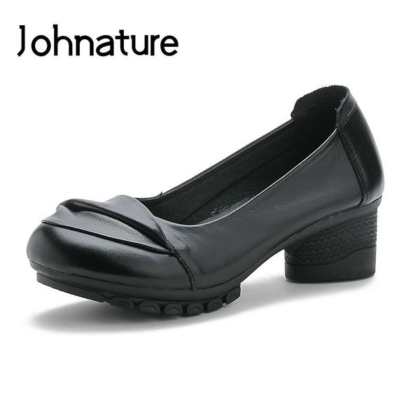 

dress shoes johnature 2021 spring/autumn genuine leather round toe solid flowers slip-on sewing handmade women med heels pumps, Black