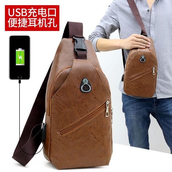 

style men's bag sports knapsack men chest pack usb headphone jack charging travel shoulder waist bags