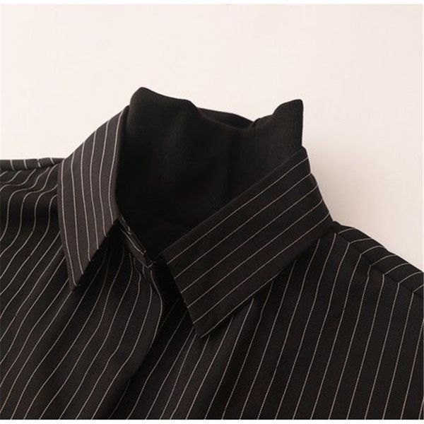 

women's polos long-sleeve suit with a turtleneck, winter shirt for women, plain-fashion, slim, vertical, striped, classic, korean 6w6f, White