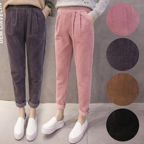 

korean pink harem elastic waist womens capri autumn winter corduroy casual black trousers plus size s 5xl, Black;white