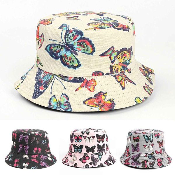 

wide brim hats fashion bucket hat women men summer outdoor butterfly printing pattern fisherman sun cap casquette femme, Blue;gray