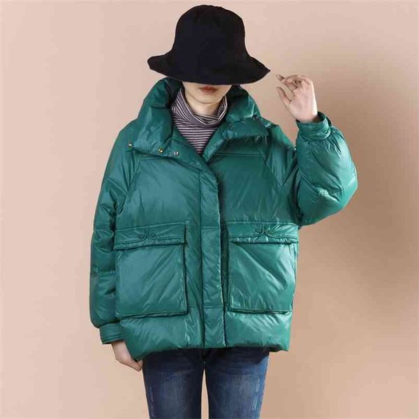 Outono inverno pato para baixo jaqueta mulheres kangaroo bolso casaco casual solto grosso manter casacos quentes outwear de neve 210430