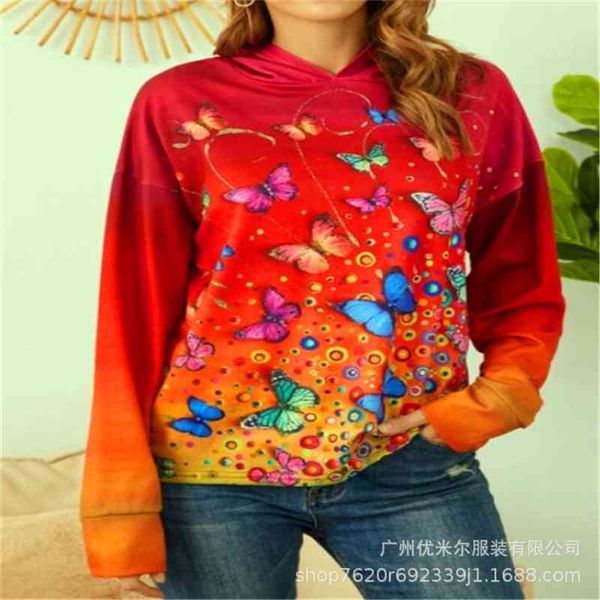 

butterfly print gradient long sleeve small fresh hoodie urban casual coat, Black