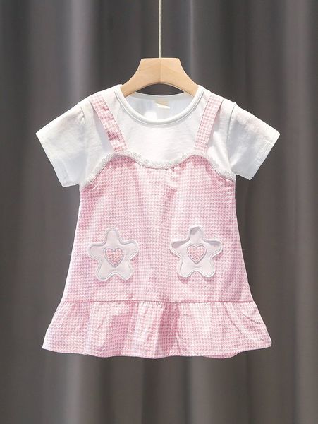 

baby houndstooth print heart embroidery ruffle hem 2 in 1 dress she, Red;yellow