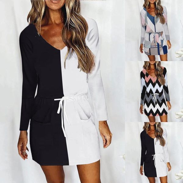 

casual dresses for women 2021 long sleeve patchwork print v-neck drawstring summer dress party mini robe femme Ã©tÃ©, Black;gray