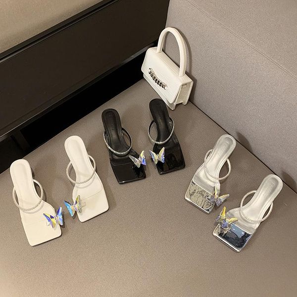 

slippers elegant women clip toe butterfly ladies summer beach shoes thin low heels sandals slip on mules pumps casual, Black