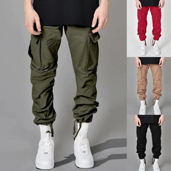 

men's pants men casual solid color multi-pocket leg opening drawstring trousers cargo, Black
