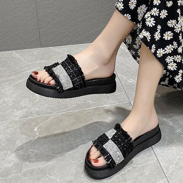 

slippers women shiny crystal thick platform 2021 soft cotton cloth rubber beach slides woman comfy flat casual shoes lady, Black